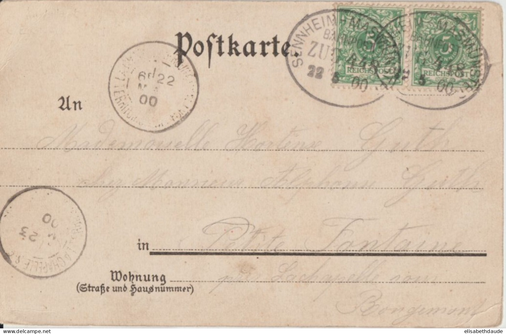 1900 - ALSACE - CONVOYEUR BAHNPOST SENNHEIM MASMÜNSTER (IND 10) ZUG 448 - CP PUB GRUSS FRANCK ! => PETITE FONTAINE - Cartas & Documentos