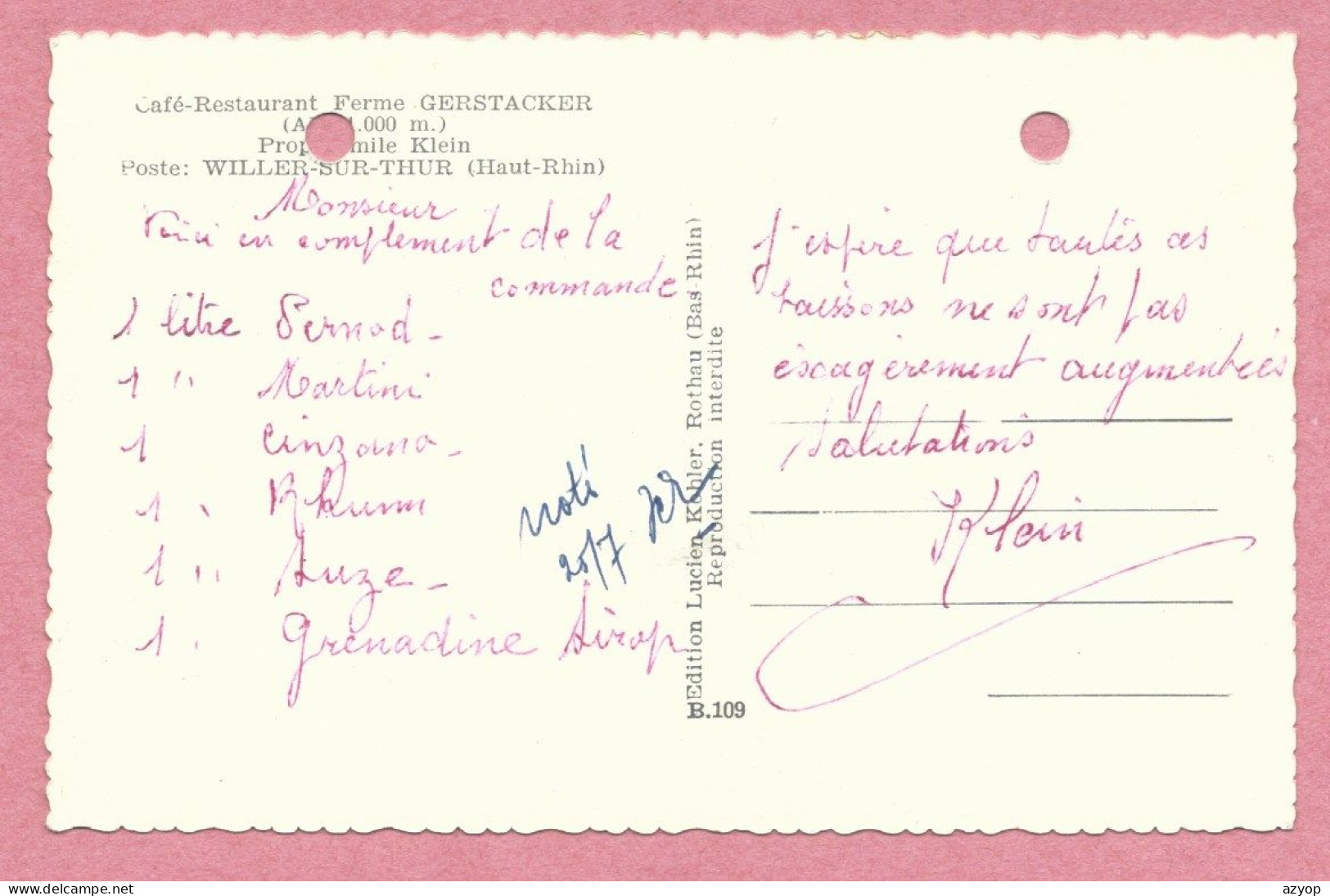 68 - WILLER Sur THUR - Ferme - Auberge - Café - Restaurant - GERSTACKER - Voir état - Trous D' Archivage - Other & Unclassified