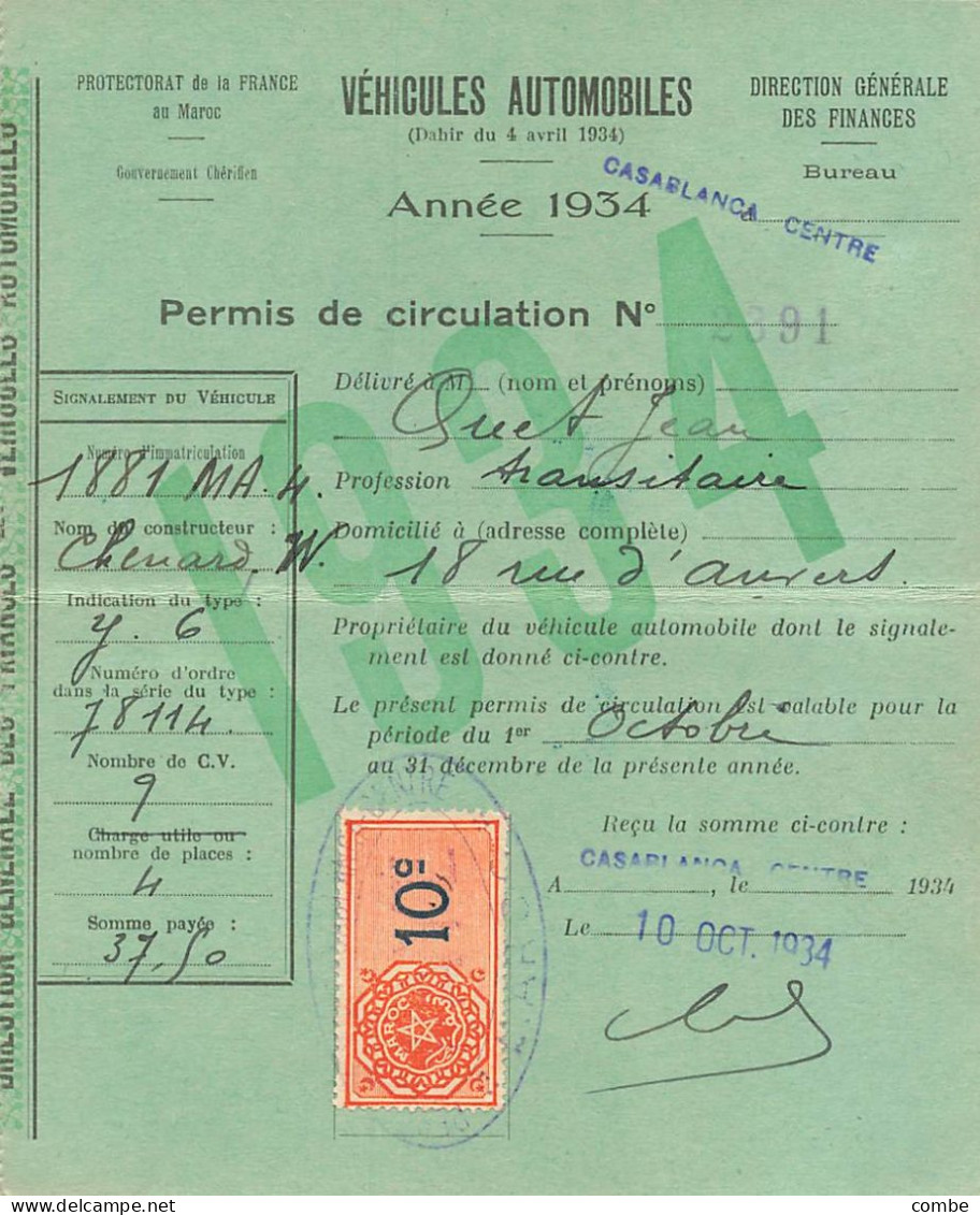 PERMIS DE CIRCULATION VEHICULES AUTOMOBILES.  CASABLANCA. 1934 - Historical Documents