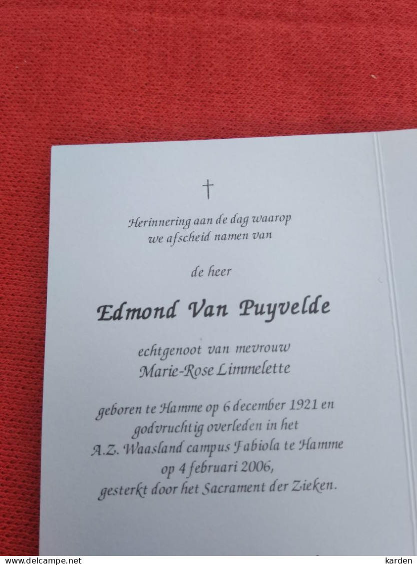 Doodsprentje Edmond Van Puyvelde / Jaùùe 6/12/1921 - 4/2/2006 ( Marie Rose Limmelette ) - Godsdienst & Esoterisme