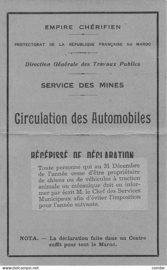 EMPIRE CHERIFIEN.  CIRCULATION VEHICULES AUTOMOBILES.  CASABLANCA. 1933 - Documents Historiques