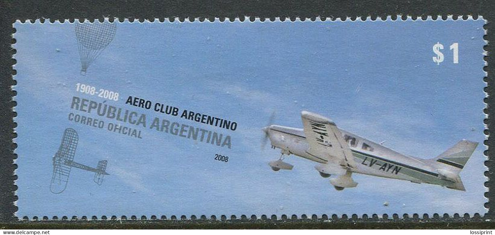 Argentina:Unused Stamp Aero Club Argentino 1908-2008, Airplane, MNH - Flugzeuge