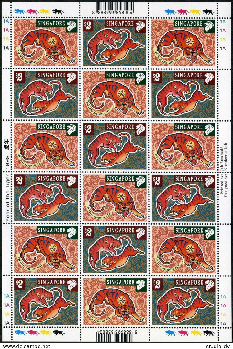 Singapore 829-830b Sheet, MNH. New Year 1998, Lunar Year Of The Tiger. - Singapour (1959-...)