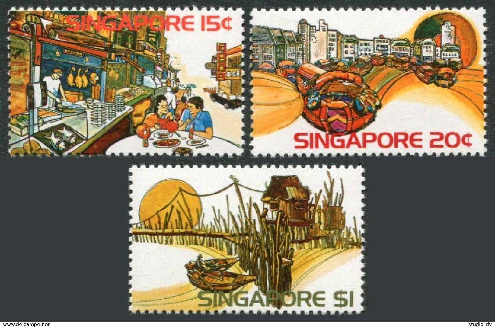 Singapore 222-224, MNH. Mi 225-227. Tourist 1975. Alfresco Dining, Fish Traps. - Singapore (1959-...)