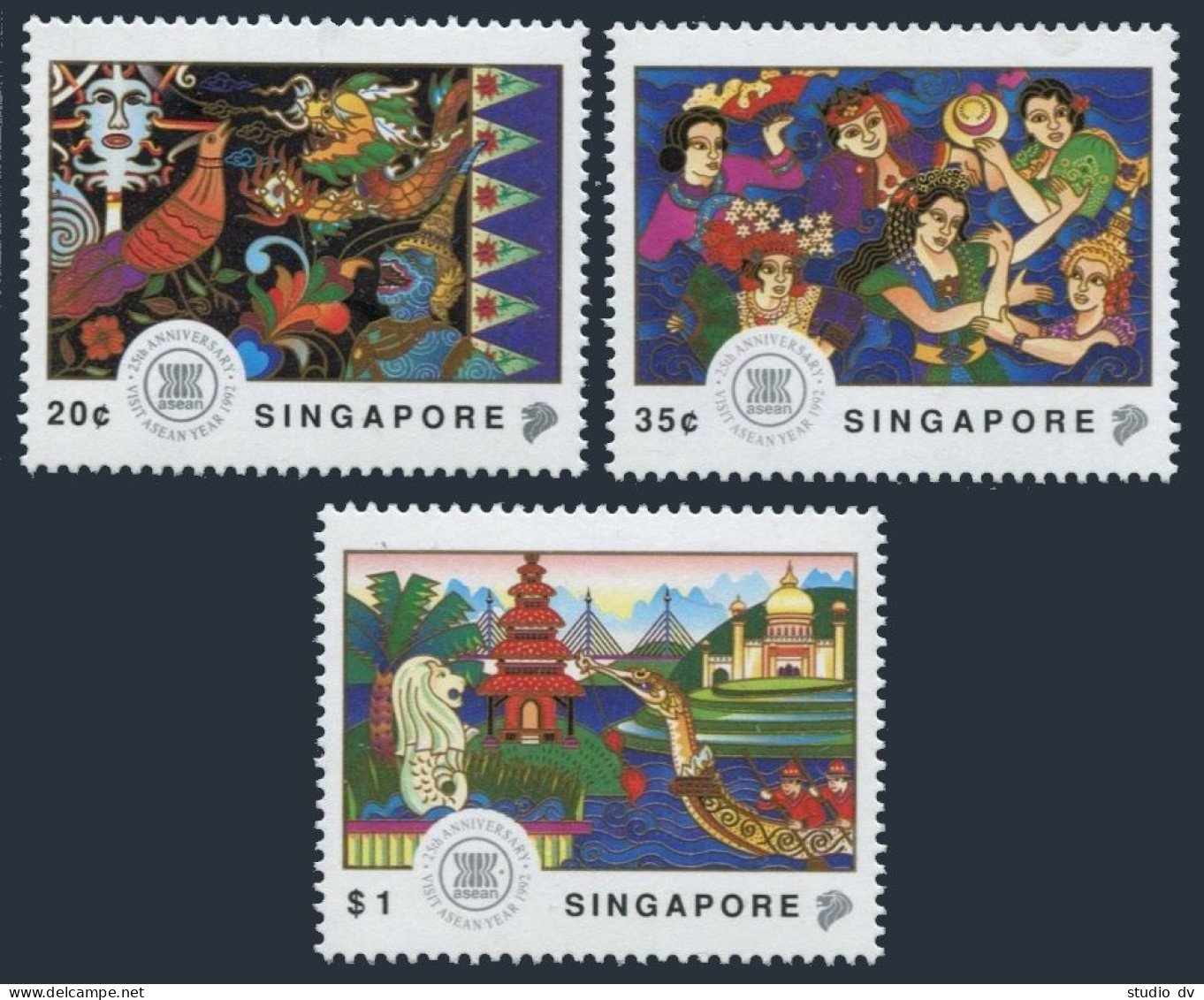 Singapore 634-636, MNH. Visit ASEAN Year,1992. Mask,bird,sea Life,Costumed Women - Singapur (1959-...)