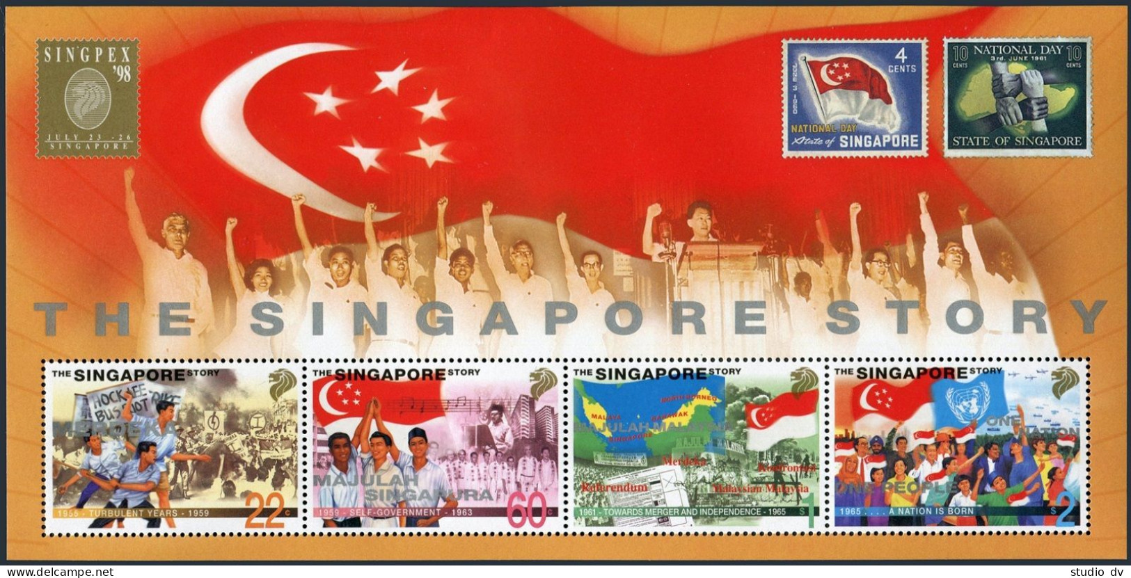 Singapore 853-856,857 Sheet, MNH. INGPEX-1998. History Of Independence. Flags. - Singapore (1959-...)