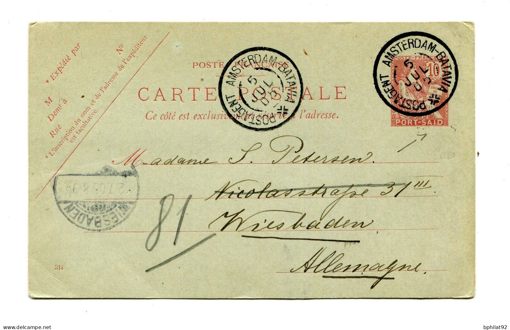 !!! ENTIER POSTAL 10 C MOUCHON DE PORT SAID POUR L'ALLEMAGNE OBLIT MARITIME HOLLANDAISE DE 1905 - Covers & Documents