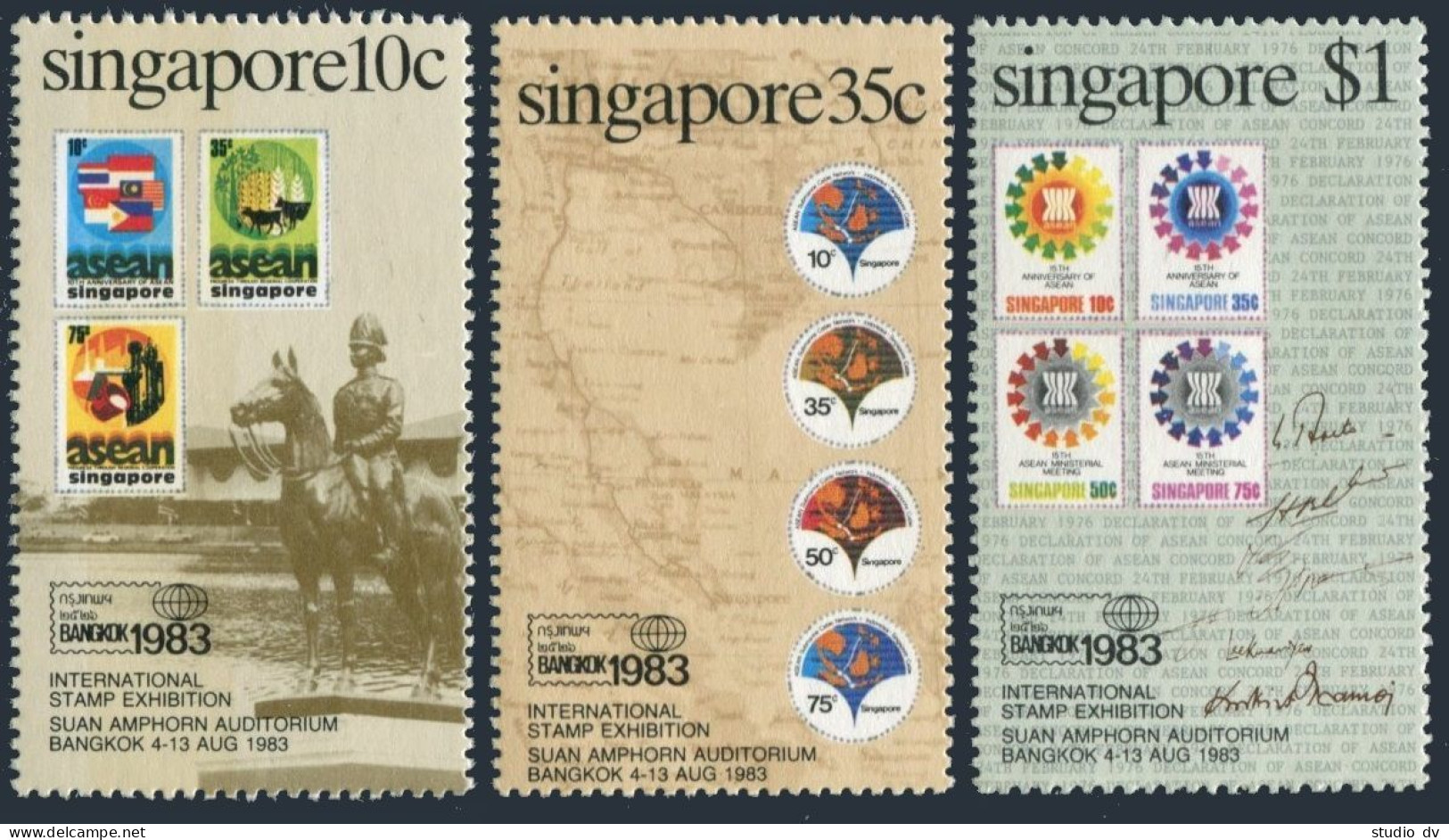 Singapore 423-425,425a,MNH.Michel 429-431,Bl.15.BANGKOK-1983.Map,Horseman,Cattle - Singapour (1959-...)