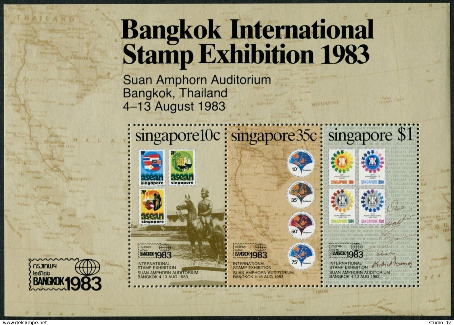 Singapore 423-425,425a,MNH.Michel 429-431,Bl.15.BANGKOK-1983.Map,Horseman,Cattle - Singapour (1959-...)