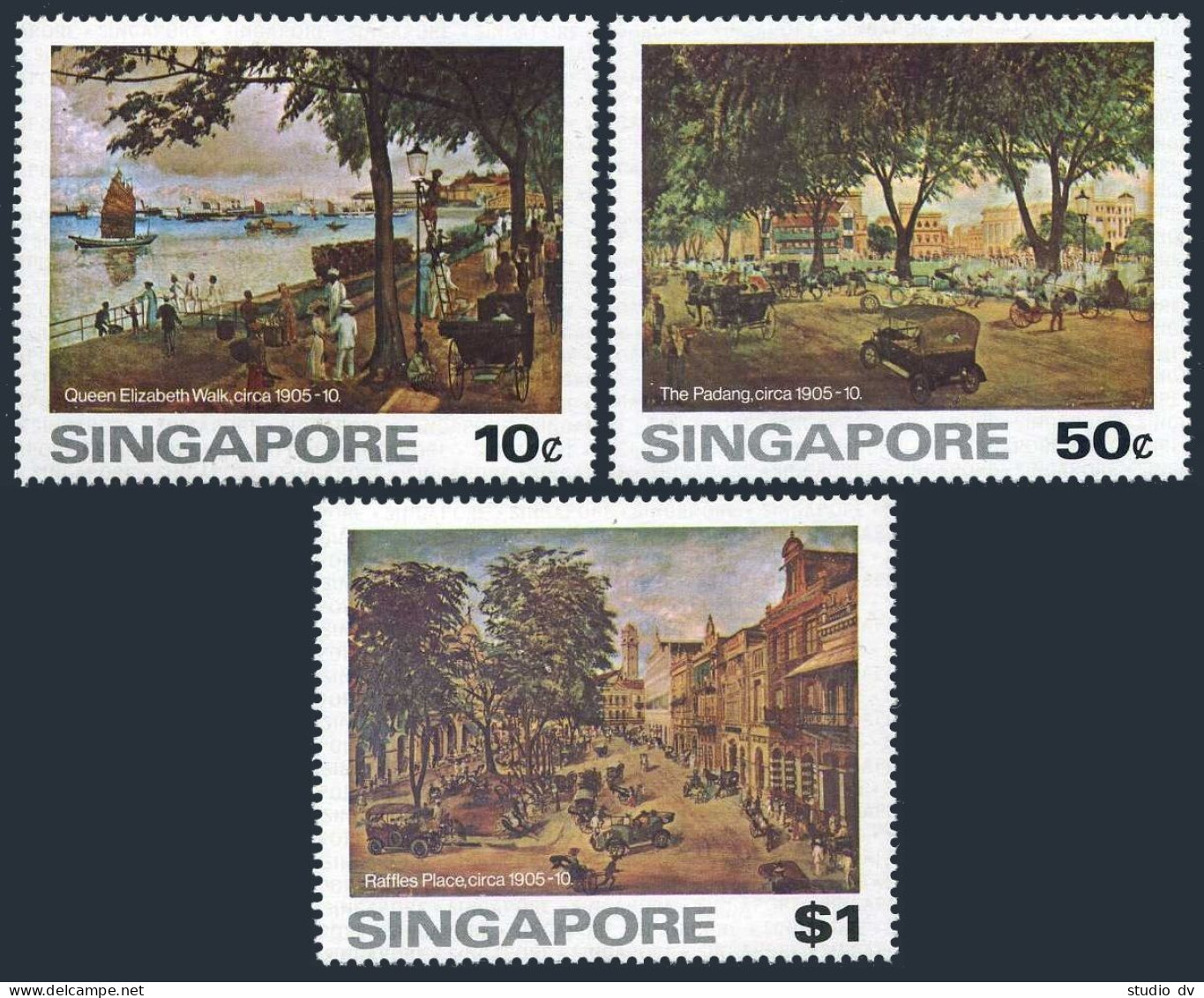 Singapore 254-256, 256a, MNH. Mi 257-259,Bl.8. Paintings Of Old Singapore, 1976. - Singapour (1959-...)
