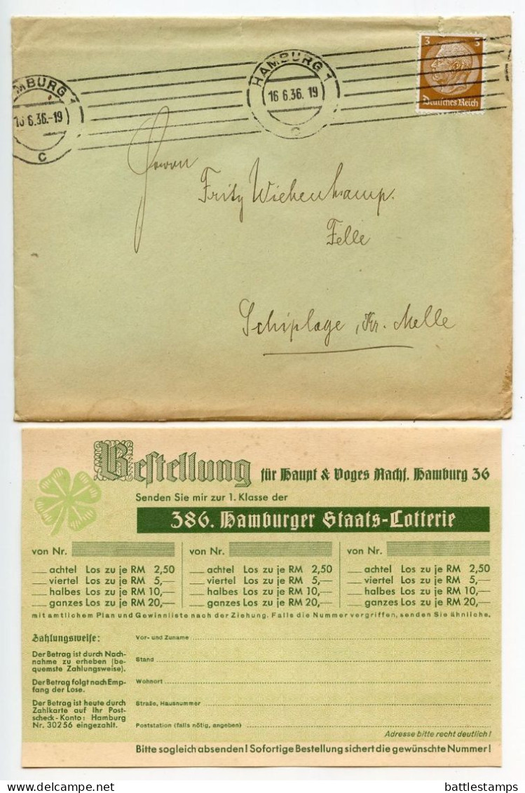 Germany 1936 Cover W/ Advertisements & Lucky Numbers; Hamburg - Hamburger Staats-Lotterie To Schiplage; 3pf. Hindenburg - Lettres & Documents