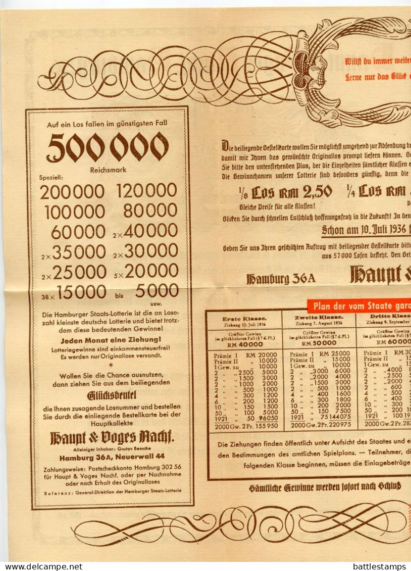 Germany 1936 Cover W/ Advertisements & Lucky Numbers; Hamburg - Hamburger Staats-Lotterie To Schiplage; 3pf. Hindenburg - Lettres & Documents