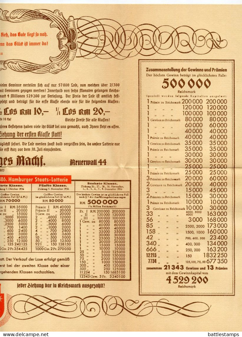 Germany 1936 Cover w/ Advertisements & Lucky Numbers; Hamburg - Hamburger Staats-Lotterie to Schiplage; 3pf. Hindenburg