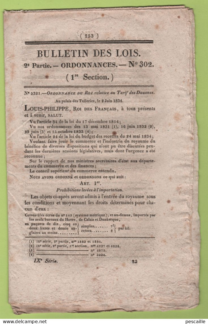 1834 BULLETIN DES LOIS - TARIF DES DOUANES - PONT SUR LA GARONNE A MARMANDE - MONT DE PIETE DE DIEPPE - - Decrees & Laws