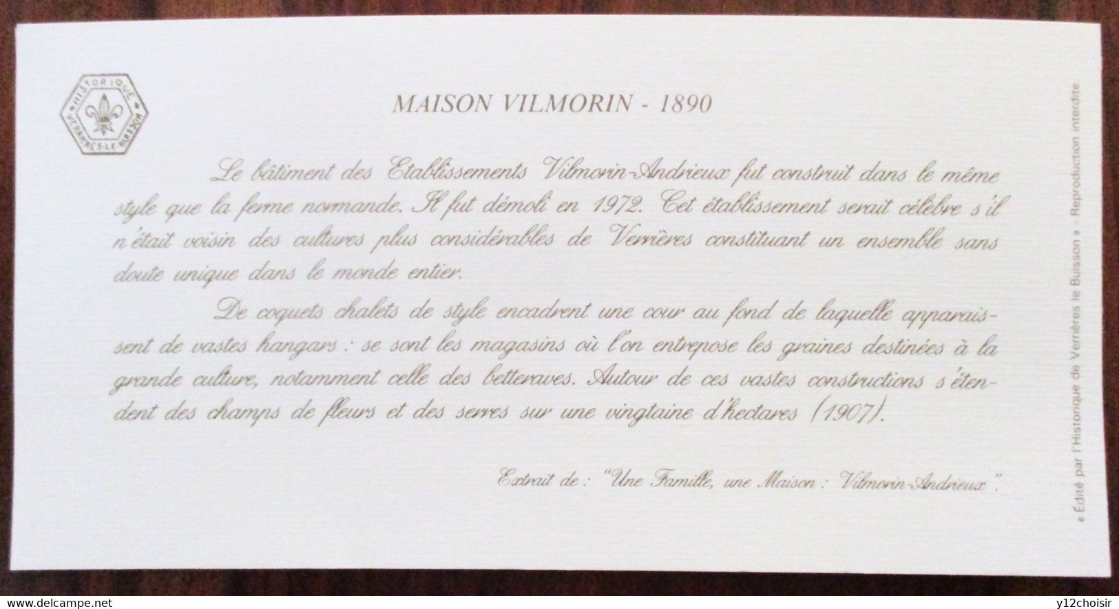 FEUILLET CARTE MAISON VILMORIN 1890 MASSY VILLAINES HISTORIQUE VERRIERES-LE-BUISSON ESSONNE 91 - Publicités