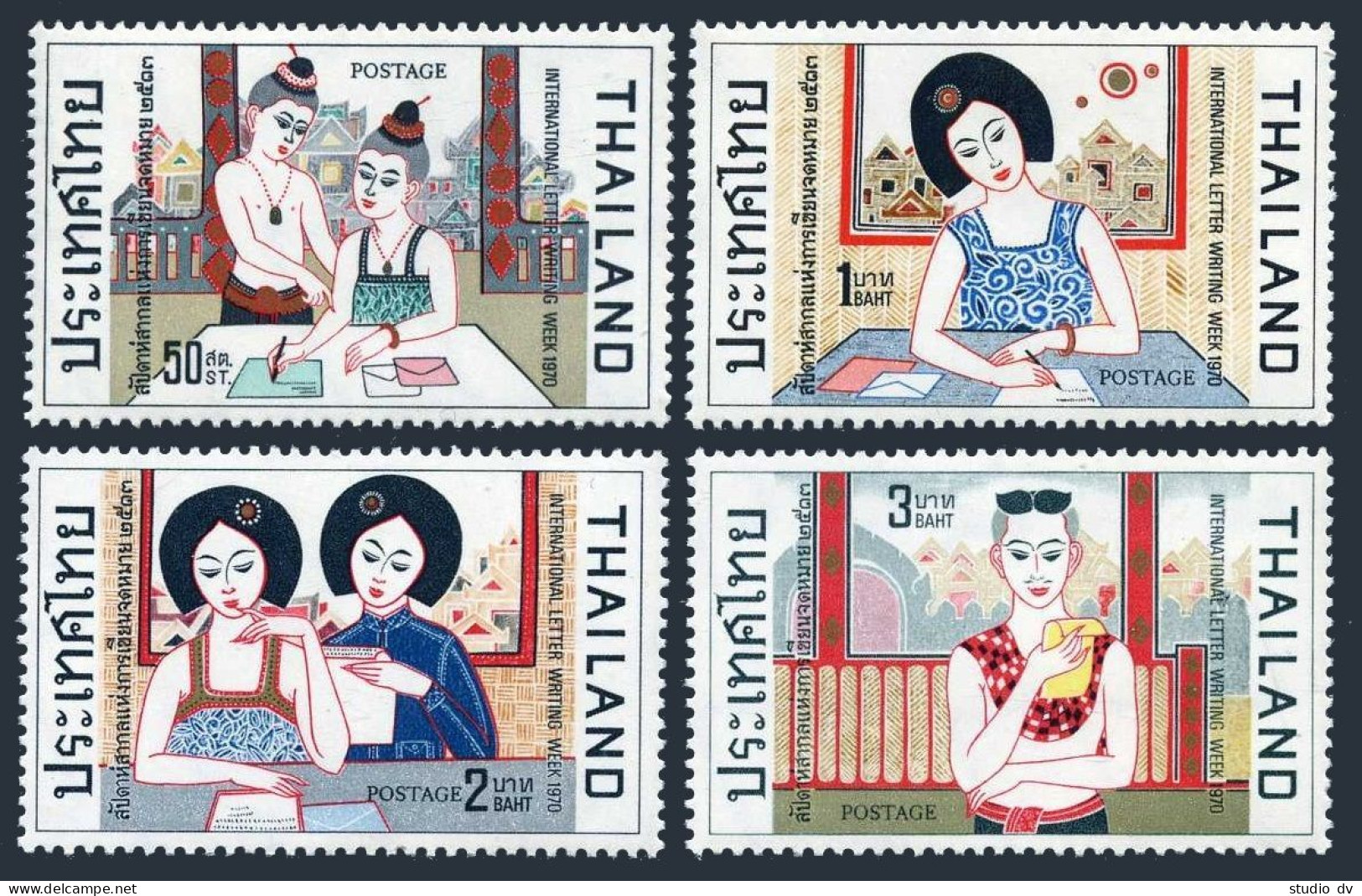 Thailand 557-560,hinged.Mi 573-576. Letter Writing Week 1970.Writing,reading. - Thaïlande