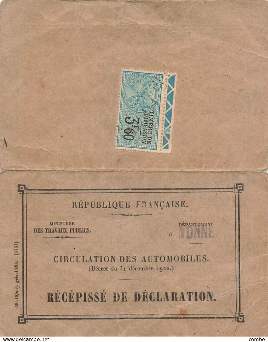 CIRCULATION DES AUTOMOBILES. YONNE. 1922 - Documentos Históricos