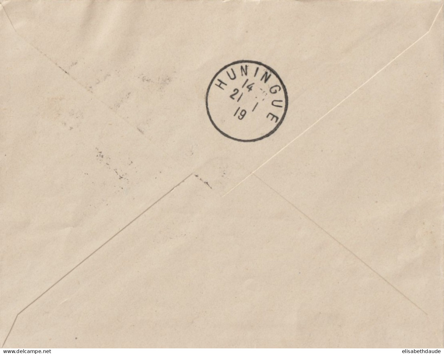 1919 - ALSACE - CACHET ALLEMAND HÜNINGEN Sur SEMEUSE ! ENV. RECOMMANDEE CACHET PROVISOIRE FRANCAIS HUNINGUE AU DOS ! - Briefe U. Dokumente
