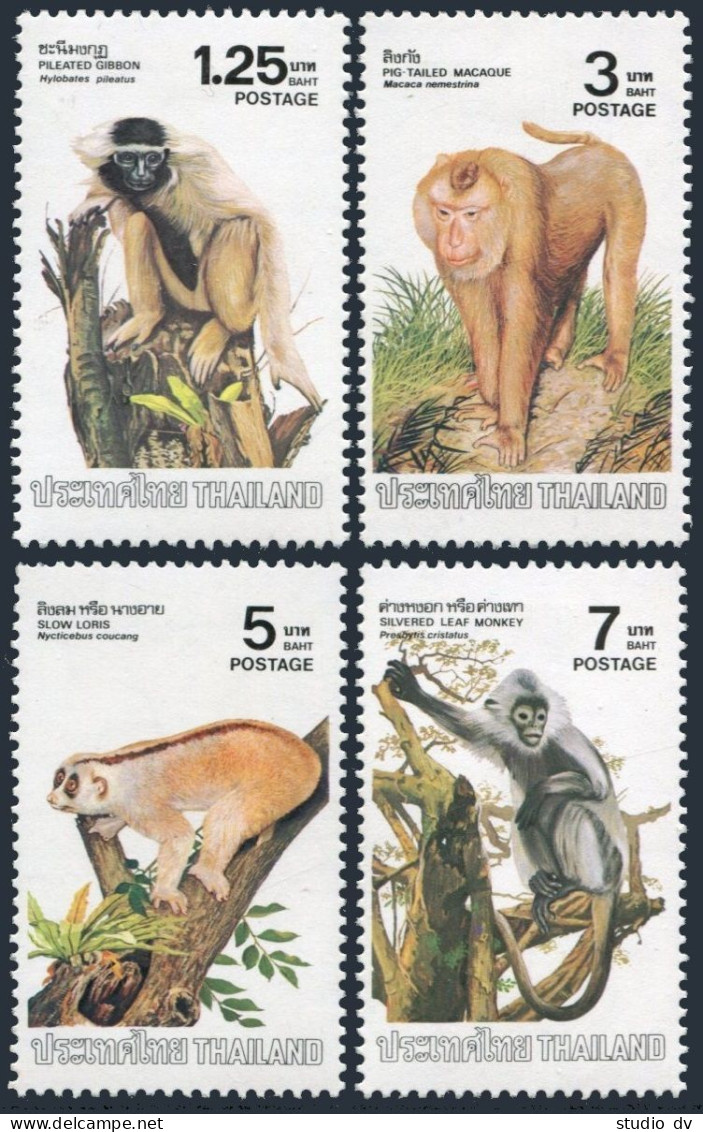 Thailand 1017-20, MNH. Mi 1031-1034. Monkeys 1982. Gibbon, Macaque, Loris, Leaf. - Thailand