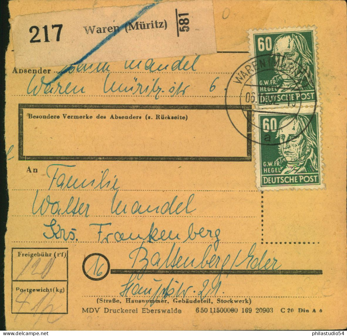 1952, 60 Pfg. Köpfe 2-mal Auf Paketkarte Aus "WAREN (MÜRIZ) - Covers & Documents