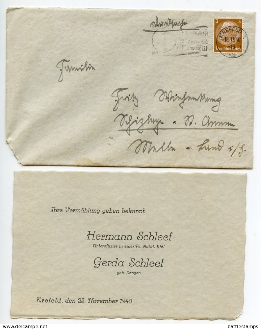 Germany 1940 Cover & Marriage Announcement Card; Krefeld To Schiplage; 3pf. Hindenburg; Telephone Slogan Cancel - Covers & Documents