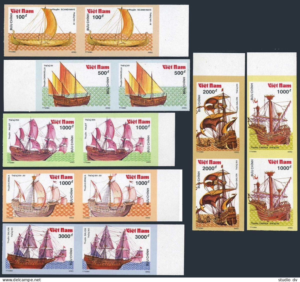 Viet Nam 2126-2132 Imperf Pairs,MNH.Michel 2196-2202. Sailing Ships 1990. - Vietnam