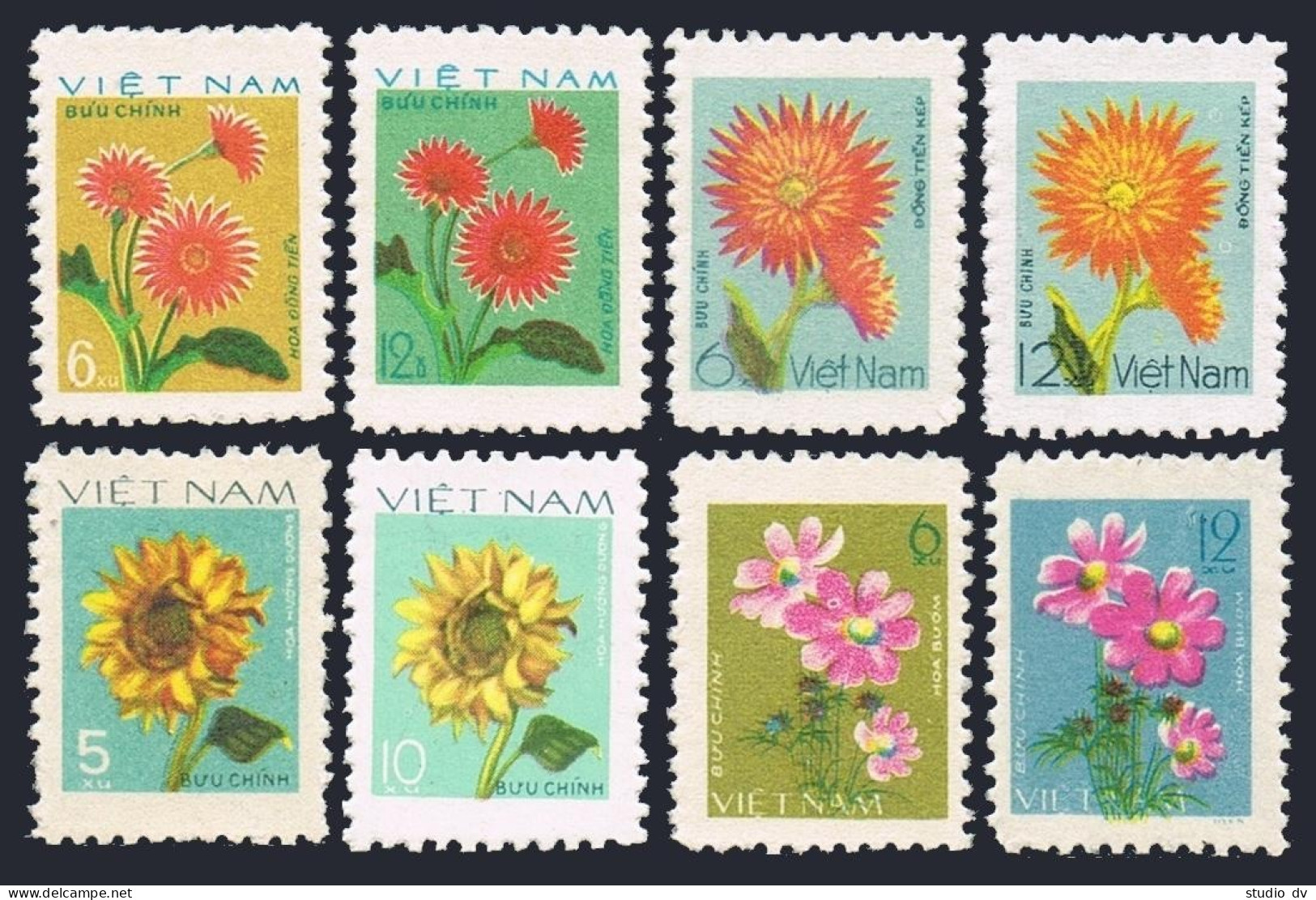 Viet Nam 892-895,921-924,MNH. Flowers 1977-1978.Pink,Orange,Sunflower,Pansy. - Viêt-Nam