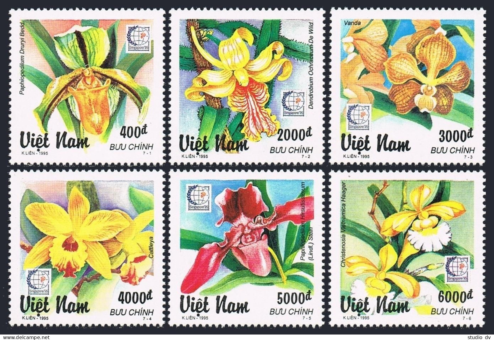Viet Nam 2648-2653,2654.Michel 2726-2731,2732 Bl.112. Orchids.Singapore-1995. - Viêt-Nam