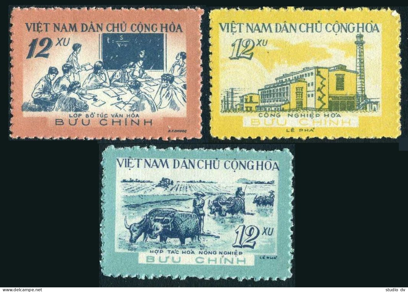 Viet Nam 134-136,hinged.Mi 138-140.Development 1960.Classroom,Plowing,Factory - Viêt-Nam