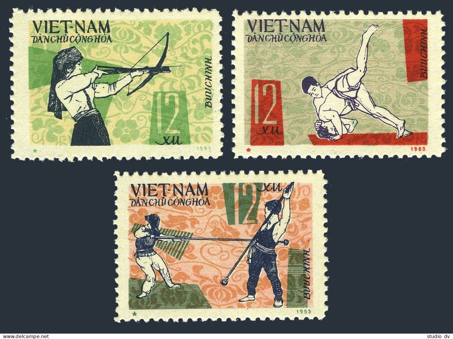 Viet Nam 419-421,MNH.Mi 438-440. National Sports,1966.Archery,Wrestling,Spear. - Viêt-Nam