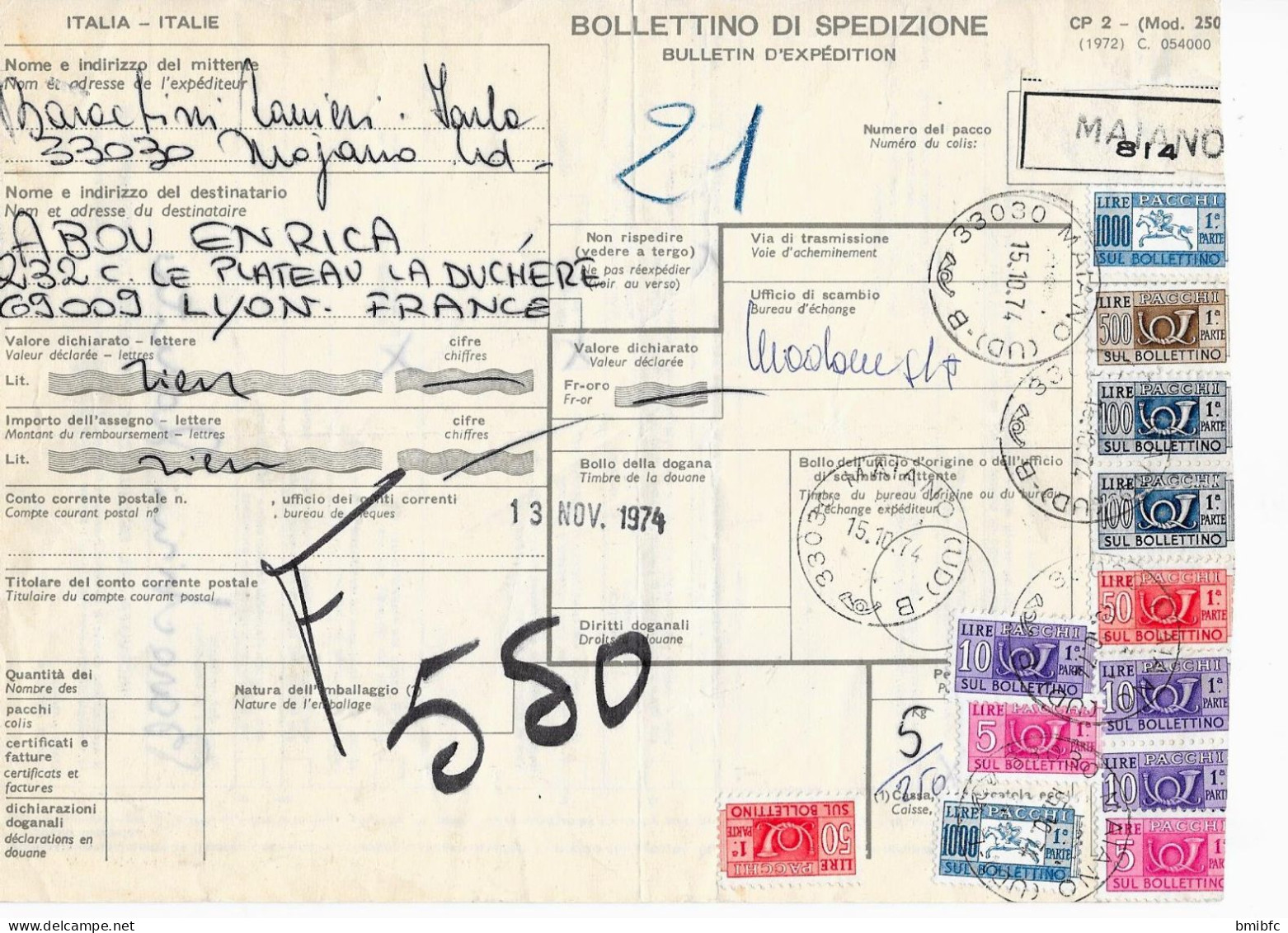 BOLLETINO DI SPEDIZIONI De MAJANO Pour LYON 1974 - Colis-postaux