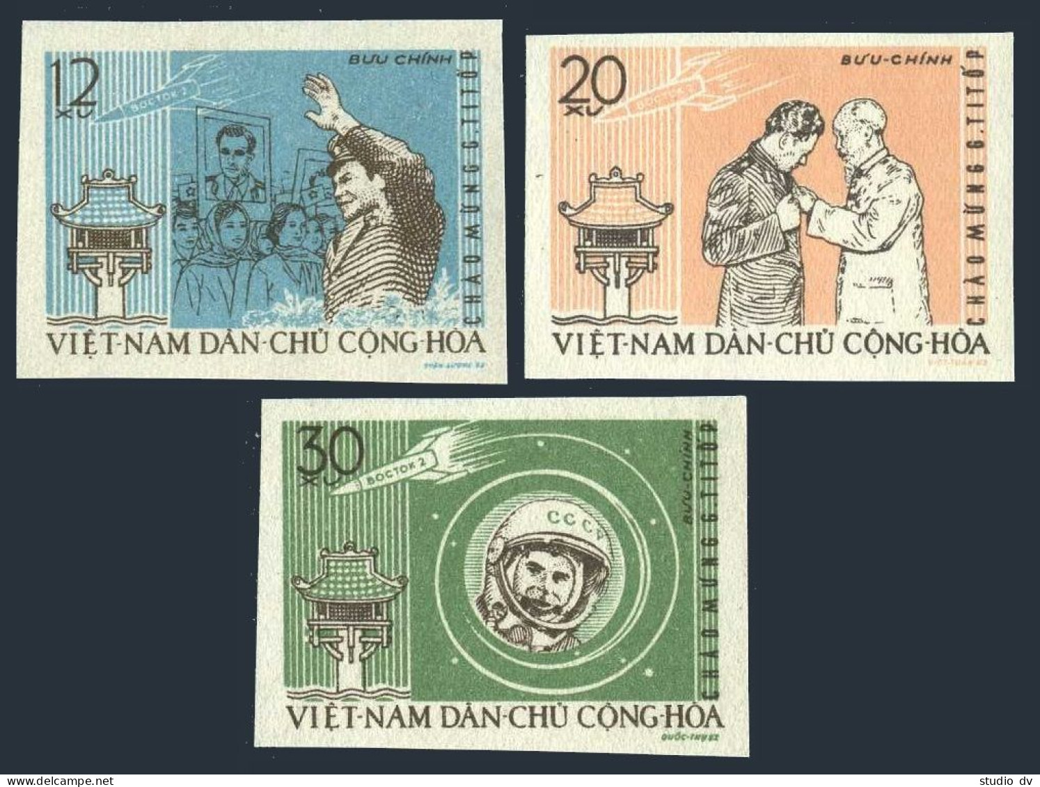Viet Nam 211-213 Imperf, MNH. Mi 217B-219B. Gherman Titov, Cosmonaut.Visit 1962. - Vietnam