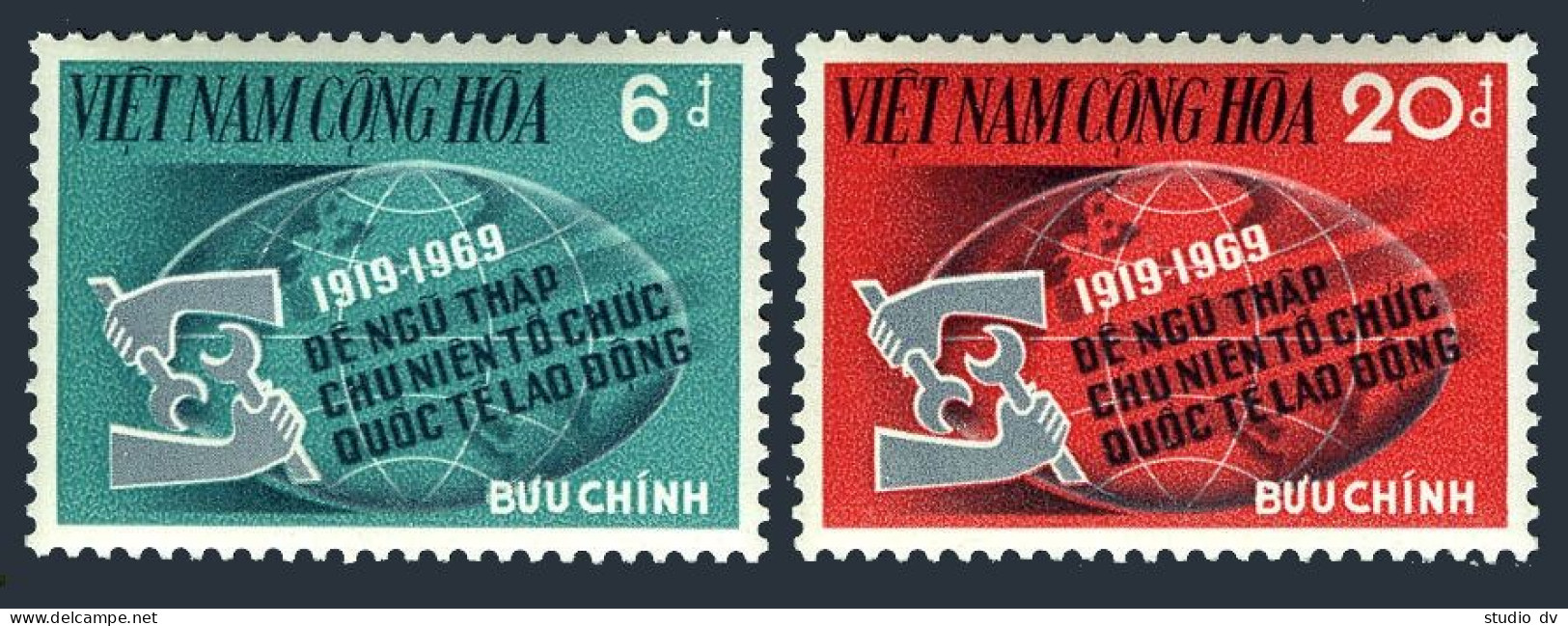 Viet Nam South 362-363, MNH. Michel 439-440. ILO, 50th Ann. 1969. Globe. - Vietnam