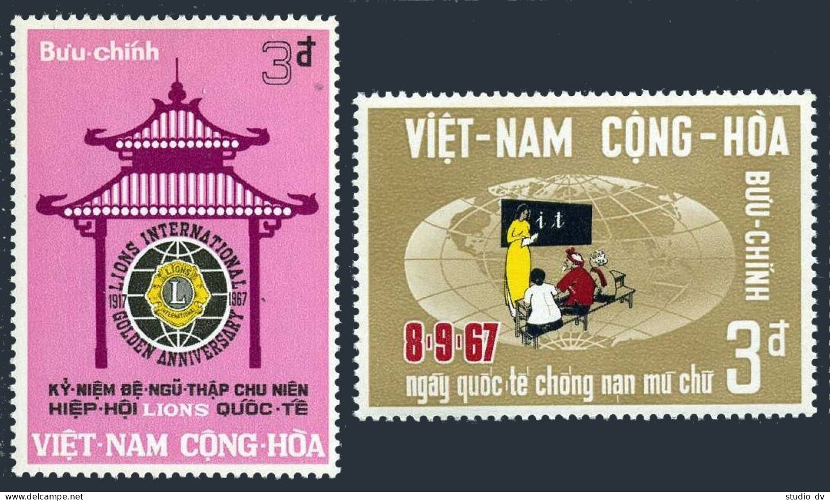 Viet Nam South 320-321, MNH. Mi 397-398. Lions-50, Pagoda; Literacy Day, 1967. - Vietnam