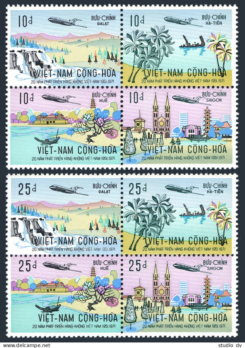 Viet Nam South 417-424a Blocks, MNH. Air Viet Nam, 1972. Plane Over Towns. - Vietnam