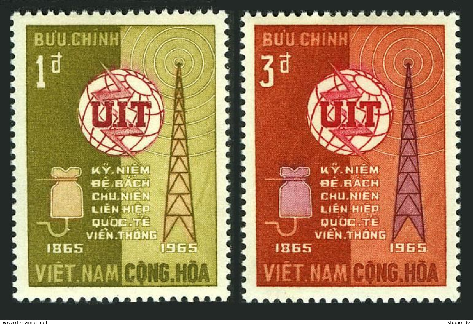 Viet Nam South 253-254, MNH. Mi 333-334. ITU-100, 1965. Radio Tower, Equipment. - Viêt-Nam