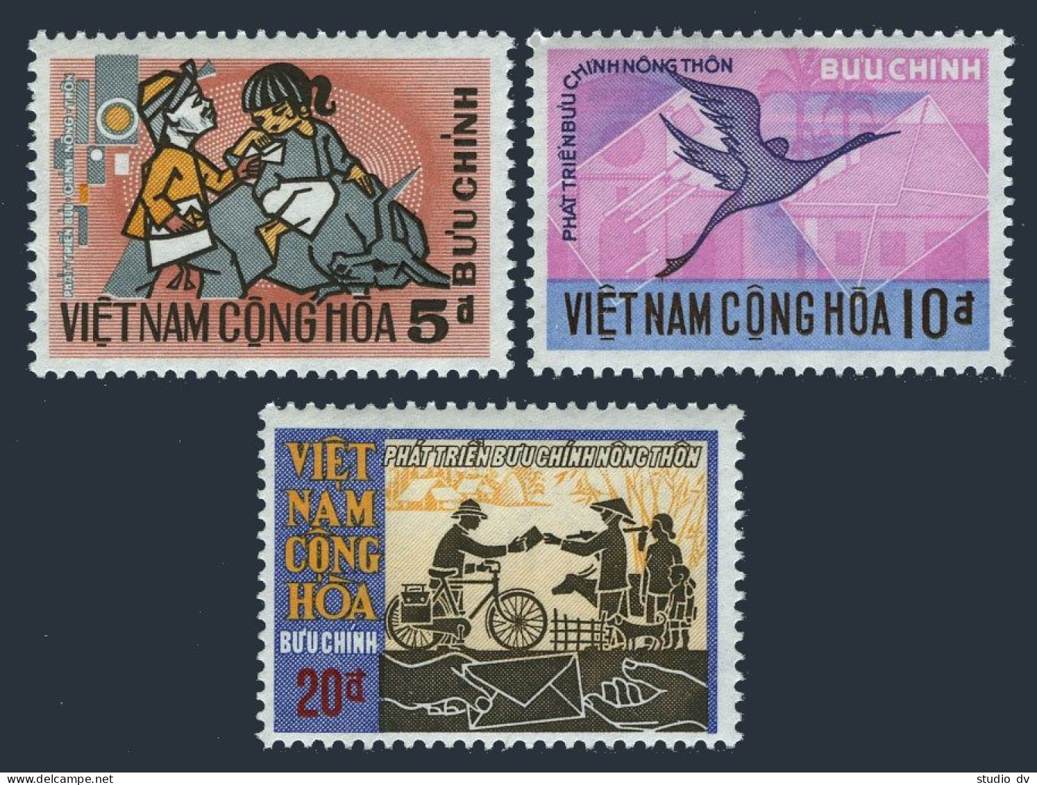 Viet Nam South 405-407, MNH. Mi 483-485. Rural Mail 1971. Buffalo, Bird, Bicycle - Viêt-Nam