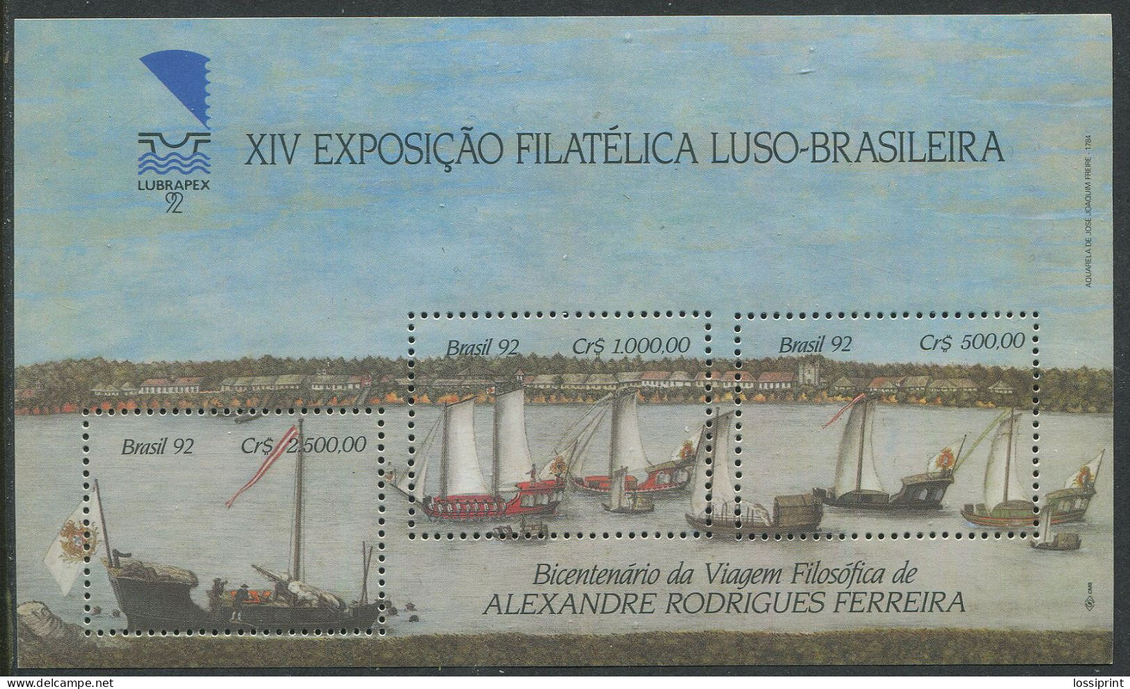 Brasil:Brazil:Unused Block Sailing Ships, 1992, MNH - Schiffe