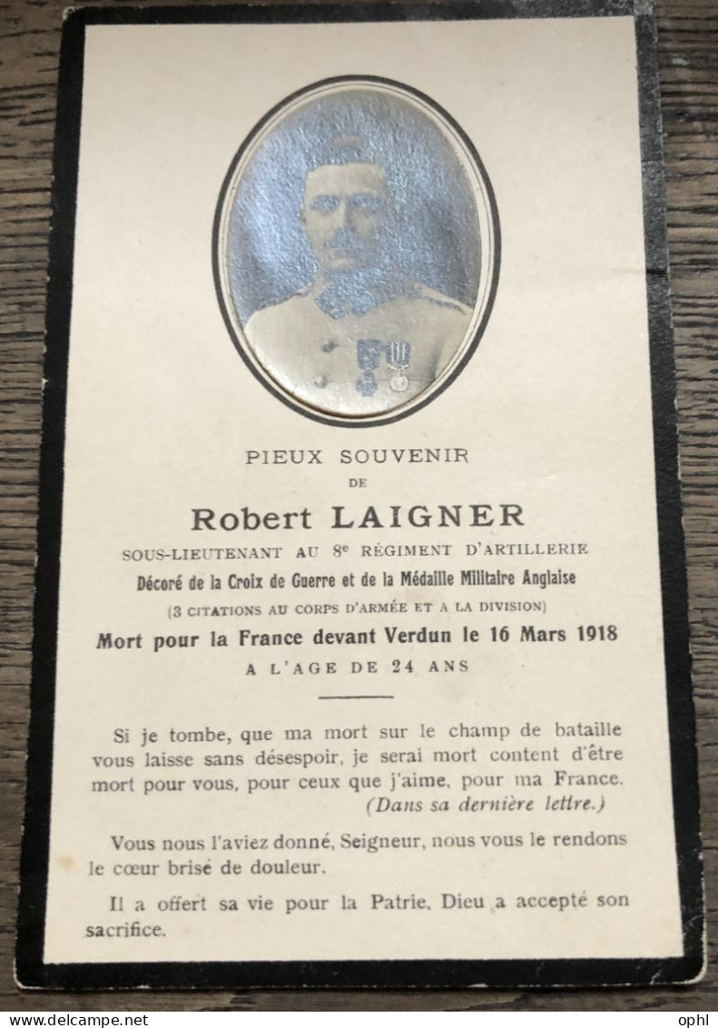 Faire-Part De Décès Du Sous-Lieutenant Robert LAIGNER 8e RA - 1914-18