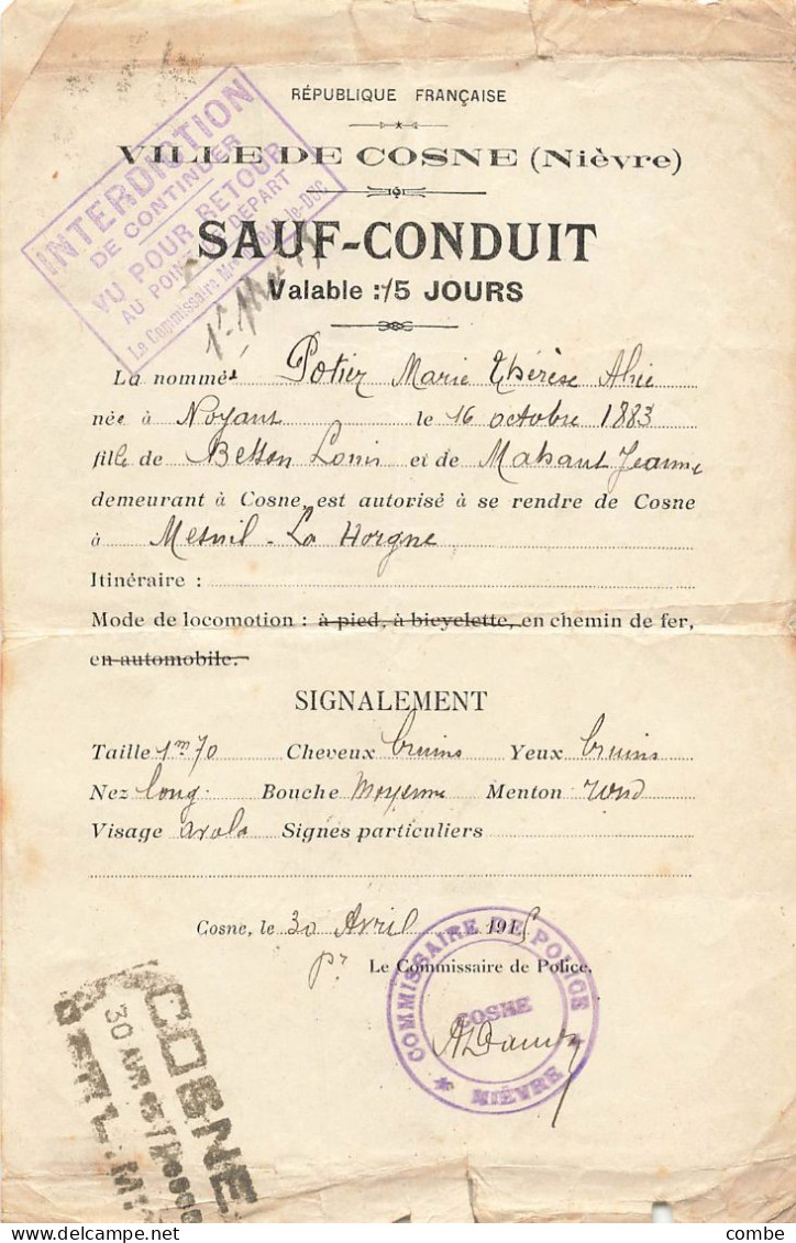 SAUF CONDUIT. VILLE DE COSNE. NIEVRE. 1915 - Historische Dokumente