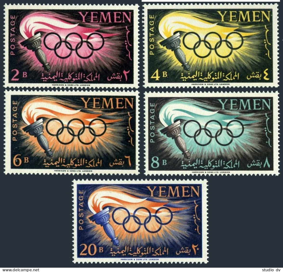 Yemen 98-102,102a, MNH. Michel 200-204,Bl.2. Olympics Rome-1960. Torch, Rings. - Yémen