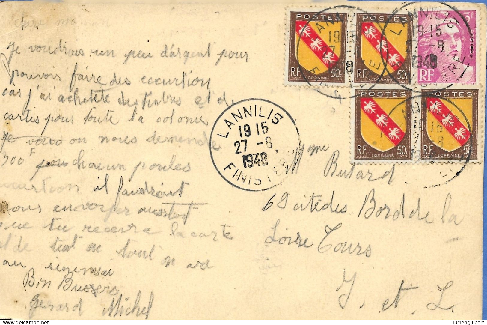 TIMBRE N° 806  ET 757 -  757 -  PAIRE  - TARIF DU 8 7 1947 -    SUR CP   - 1948  - CACHET RECETTE LANNILIS FINISTERE - Postal Rates