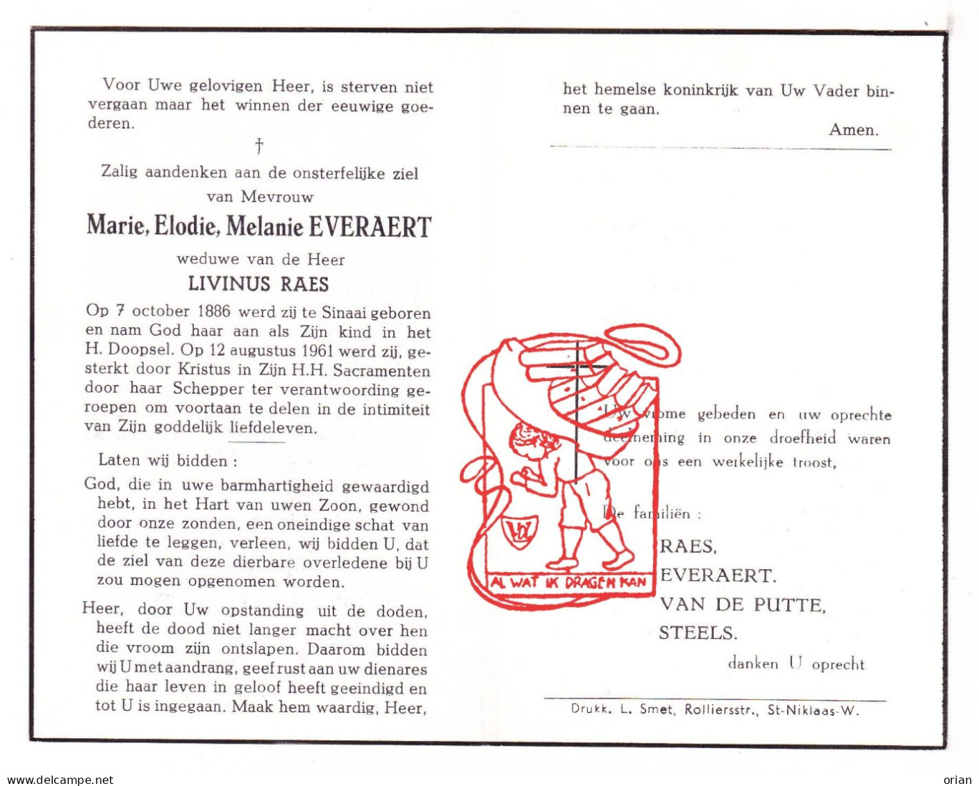 DP Marie Elodie Everaert ° Sinaai Sint-Niklaas 1886 † 1961 X Livinus Raes // Van De Putte Steels - Images Religieuses