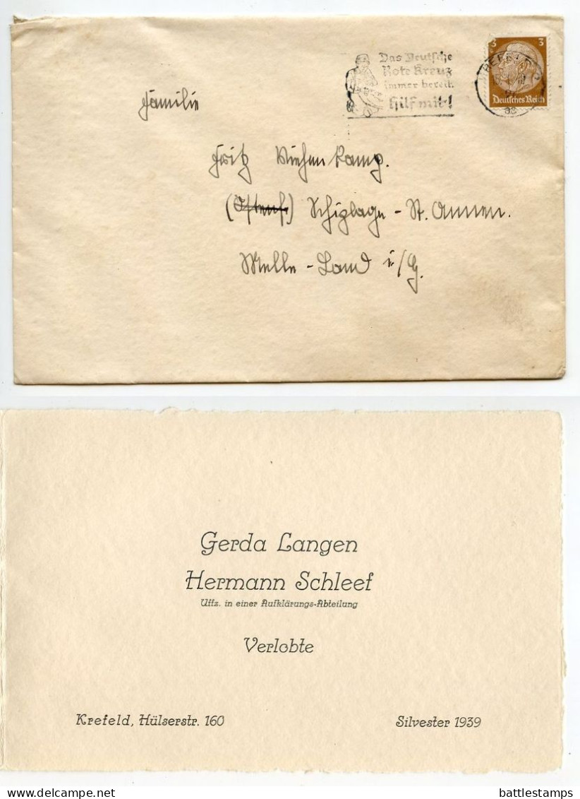 Germany 1940 Cover & Engagement Announcement; Krefeld To Schiplage; 3pf. Hindenburg; German Red Cross Slogan Cancel - Lettres & Documents