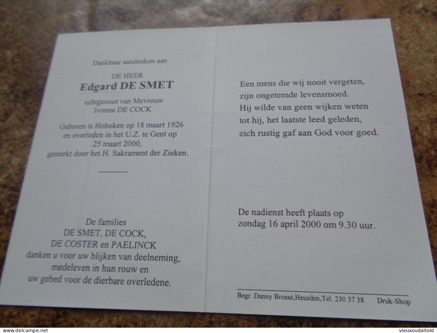 Doodsprentje/Bidprentje   Edgard DE SMET   Hoboken 1926-2000 Gent  (Echtg I. DE COCK) - Religion & Esotericism
