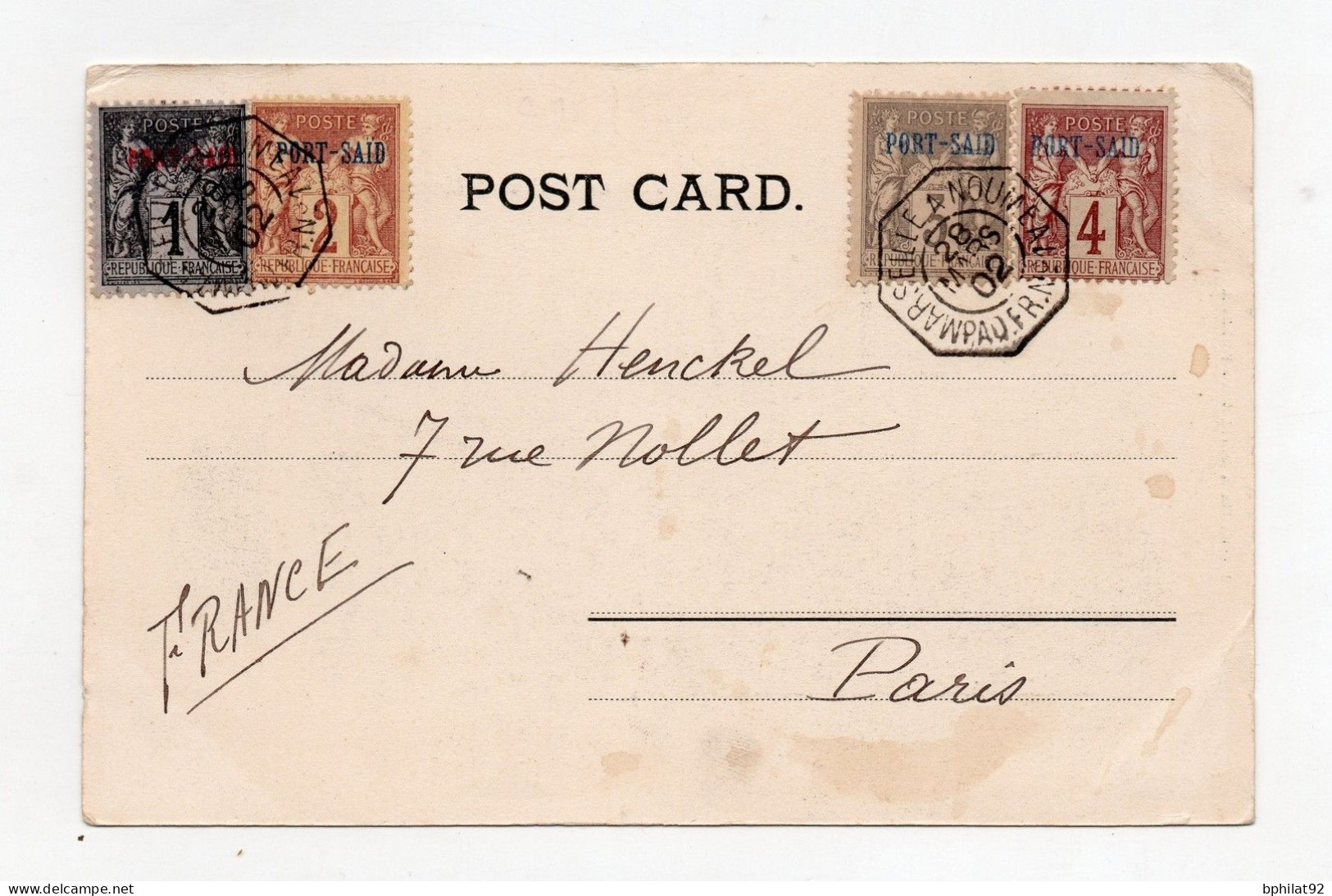 !!! CPA DE PORT SAID AFFRANCH 4 COULEURS OBLITERATION MARITIME MARSEILLE A NOUMEA 28/3/1902 - Storia Postale