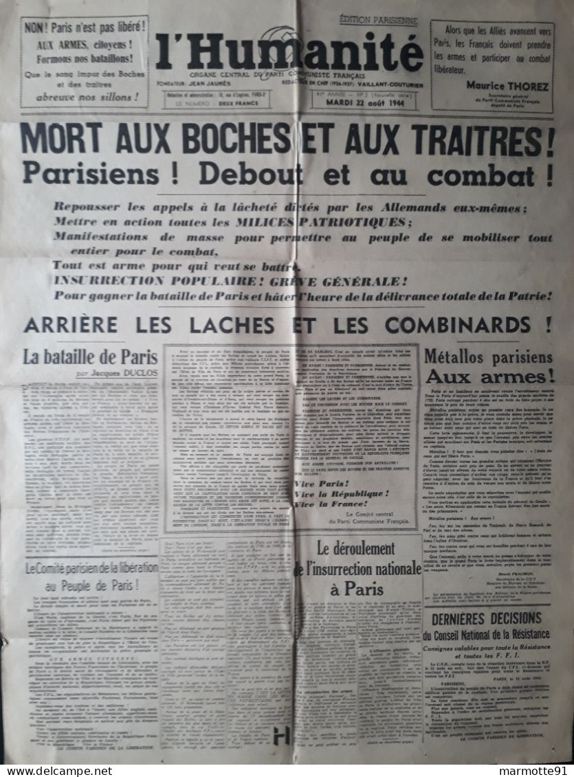 LIBERATION DE PARIS 22 AOUT 1944 PRESSE L HUMANITE - 1939-45