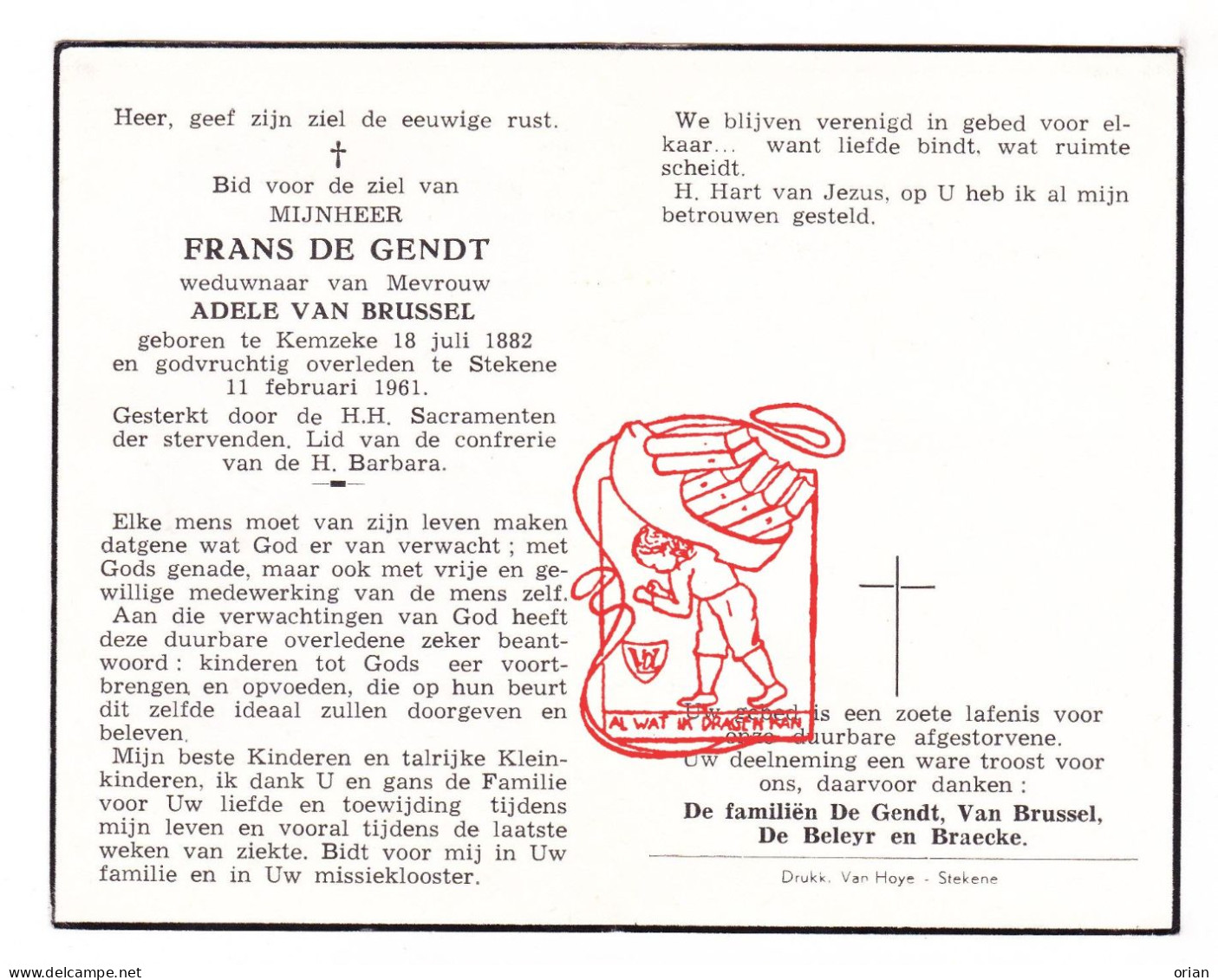 DP Frans De Gendt ° Kemzeke 1882 † Stekene 1961 X Adele Van Brussel // De Beleyr Braecke - Images Religieuses