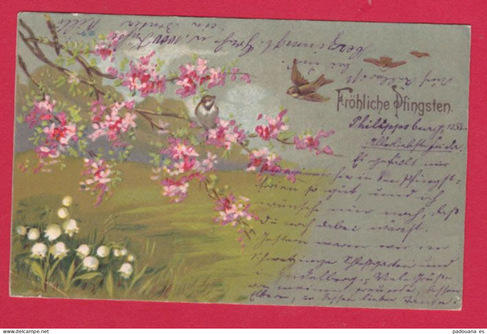 AE226 FANTAISIES OISEAUX PRUNIER MUGUET AU PRINTEMPS CARTE GAUFREE - - Oiseaux