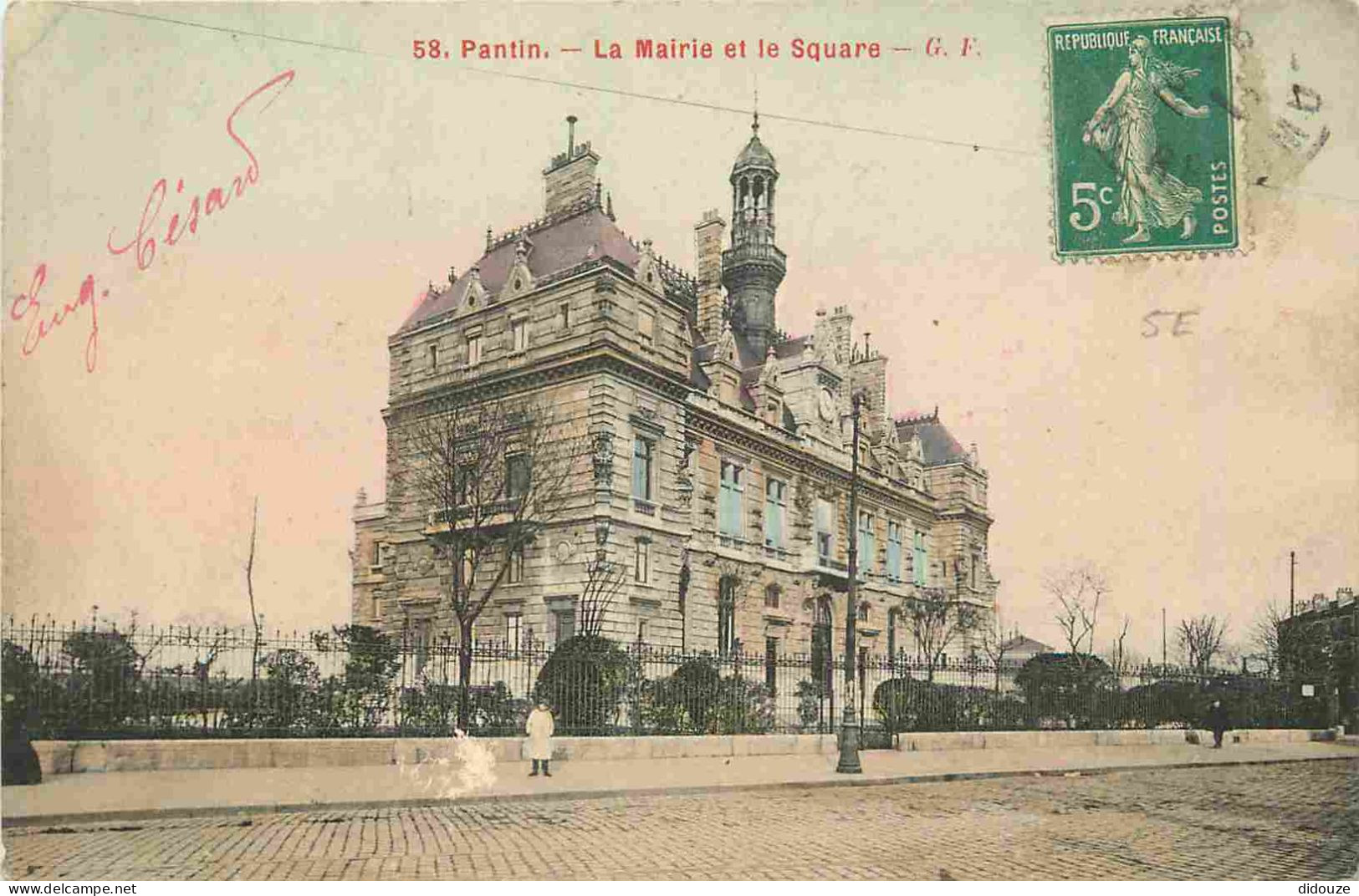 93 - Pantin - La Mairie Et Le Square - Animée - Colorisée - CPA - Oblitération Ronde De 1911 - Voir Scans Recto-Verso - Pantin